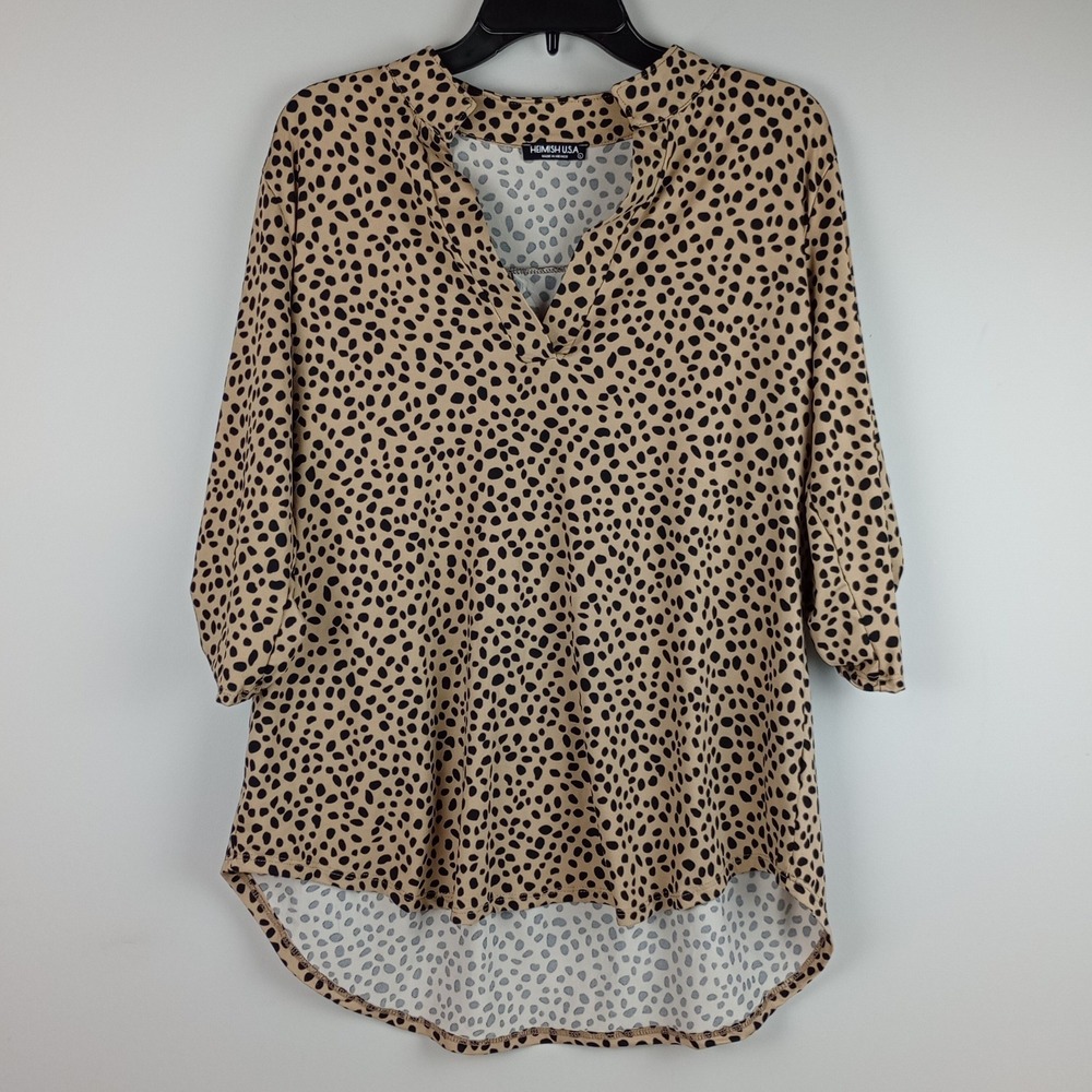 Heimish USA Women L Tan Cheetah Animal Print Roll Tab Sleeve V-Neck Tunic Blouse
